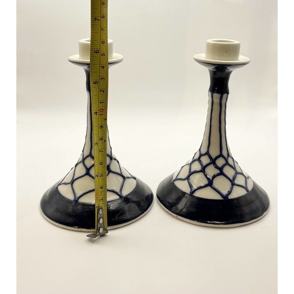 2 Vintage Pottery Candlestick Holders Geometric / Web Design Cobalt Blue & White - Picture 13 of 14